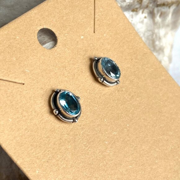 Sterling Silver 925 Dainty Bezel Set Oval Blue Cubic Zirconia CZ Stud Earrings - Picture 3 of 16